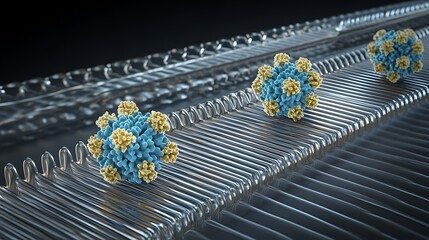 Three intricate viral structures on a cellular matrix.