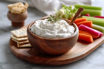 A creamy yogurt dip served in a wooden bowl, ideal for dipping fresh veggies or crackers for a light, healthy snack.