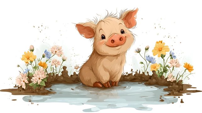 Cartoon fluffy piglet sitting in a mud puddle with flowers around