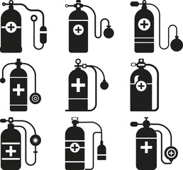 Medical Oxygen Tanks with Accessories: Vector Illustration Set