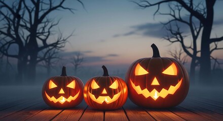 Three glowing carved halloween pumpkins with spooky faces sit on a wooden surface at dusk