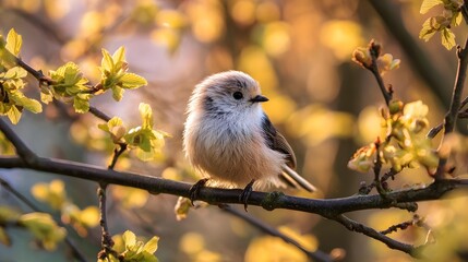Obraz premium Cute fluffy bird singing on a tree branch with morning sunshine