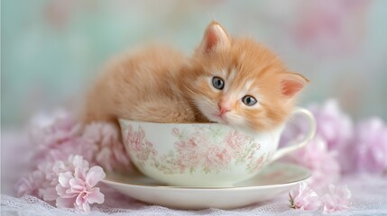 Cute fluffy kitten in a teacup surrounded by soft pastel background