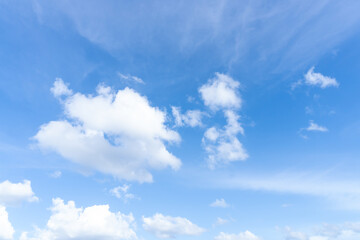 Low angle view and full frame of beautiful blue sky with strange shape of fluffy white clouds in the afternoon on sunny day used as natural background texture in decorative art work