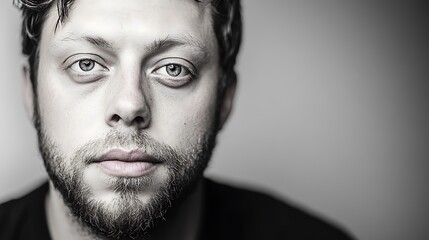 Close-up grayscale portrait of a man.