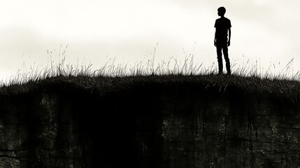 Silhouette of a person on a grassy cliff edge.