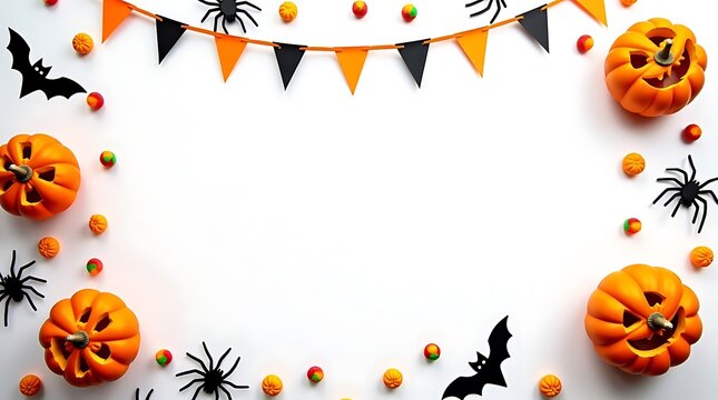 Festive halloween border with pumpkins bats spiders and candy corn on a white background