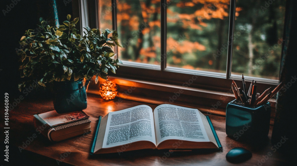 Poster cozy window sill featuring a book and a plant creating a peaceful and inviting reading nook atmosphe