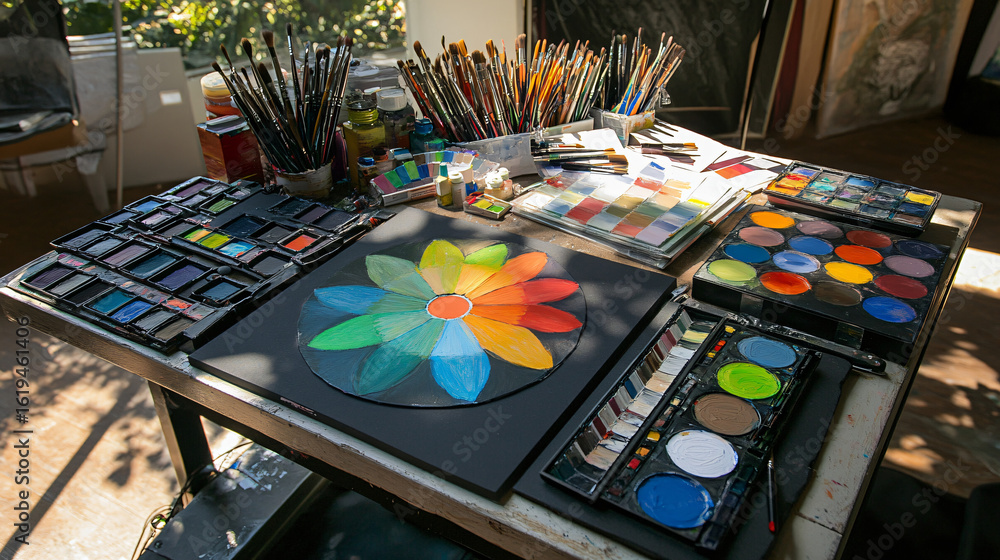 Poster a vibrant artist's table displaying an array of colorful paints and brushes ready for creation