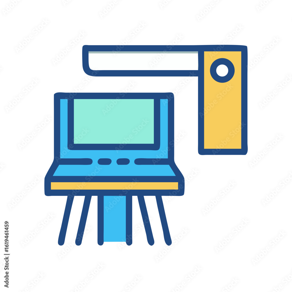Poster modern desk with computer and lamp, vector icon style
