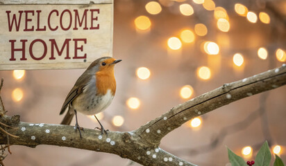 A cozy scene featuring a small bird perched on a branch beside a wooden sign that reads WELCOME HOME. The background is softly illuminated with warm, glowing bokeh lights, creating a welcoming ambianc