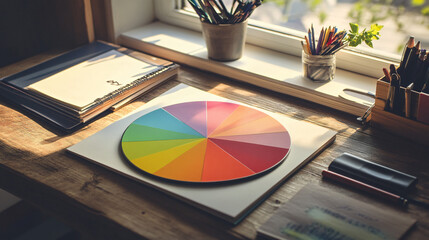 A bright and colorful pie chart composition displayed on a desk for analytical presentation purposes