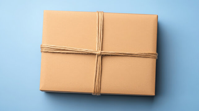 Brown parcel box tied with string, fragile package on blue background, delivery concept