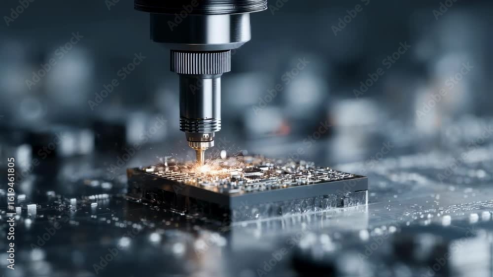 Aufkleber modern milling machine manufacturing microchip with sparks flying, representing innovation in comput