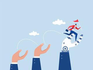  business goal, businessman jumping up giant hand growth ladder to progress target encouragement for teammate to achieve  success