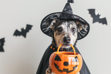 dog dressed in a witch costume for Halloween, sitting against a clean white background. Halloween promotions, pet product advertisements, social media content, or greeting cards.banner flyer web