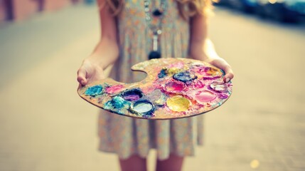 Colorful paint palette held by a person outdoors.