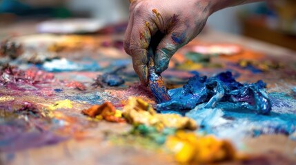 's hand mixing paint on a palette.