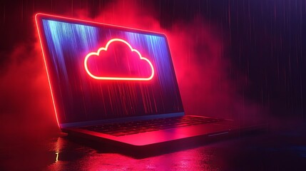 Neon cloud icon displayed on a laptop computer in a dark, rainy setting.