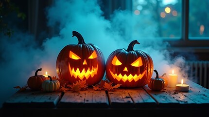 Obraz premium Spooky jack o lanterns glow with fiery eyes and smoke on a wooden table for halloween
