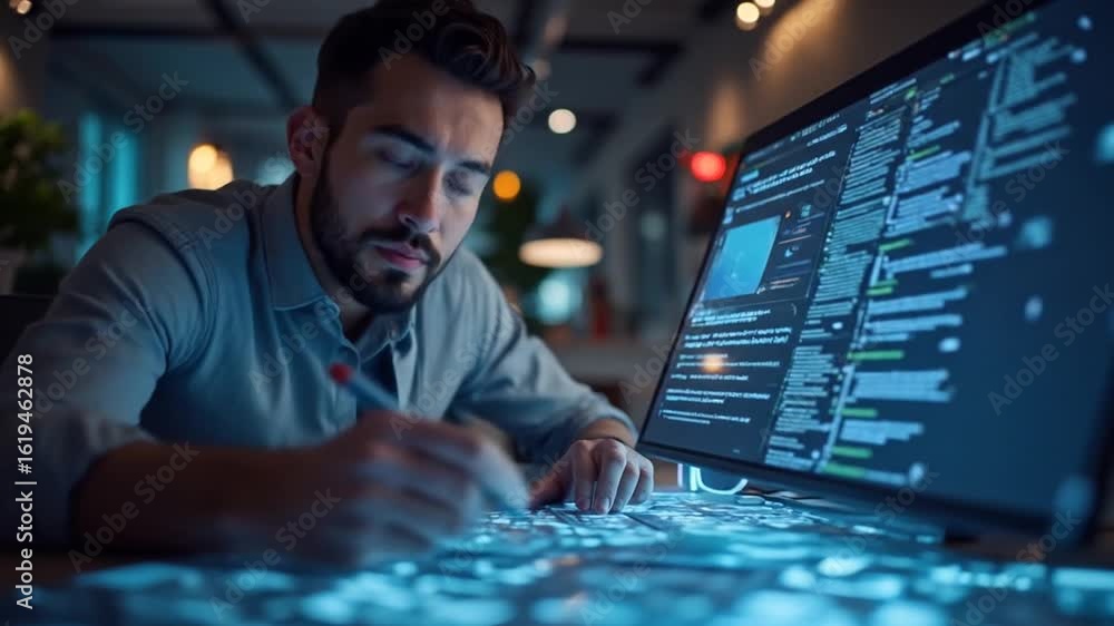 Poster man working at computer late at night on software development project