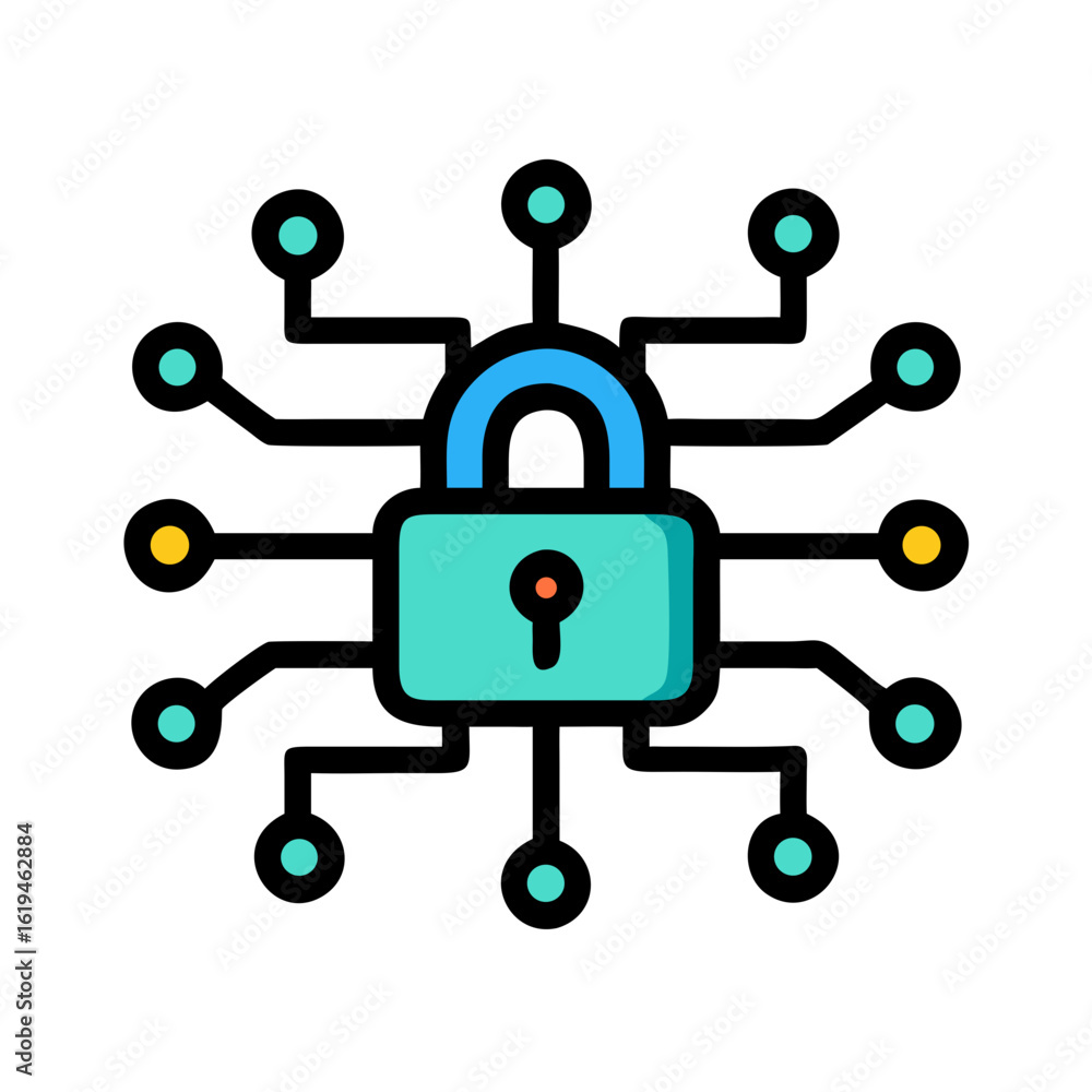 Poster stylized padlock surrounded by connecting data points on black