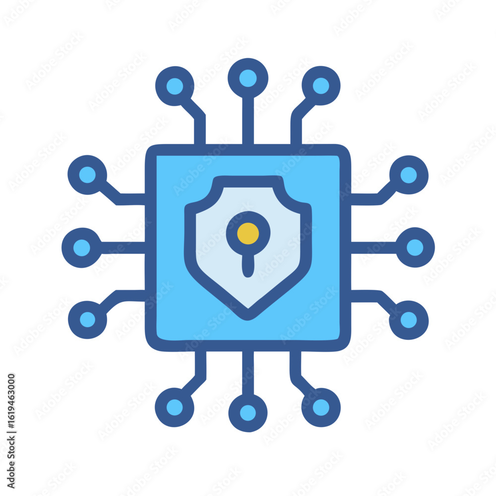 Poster digital shield on microchip symbolizing cybersecurity on black background