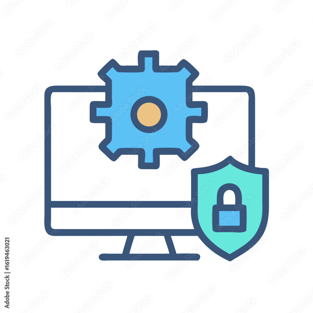 Poster computer security setup, settings adjustments and access control symbol