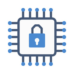 Blue digital security chip with lock on black background