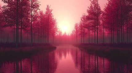 A tranquil, pink-hued forest landscape by a still body of water.