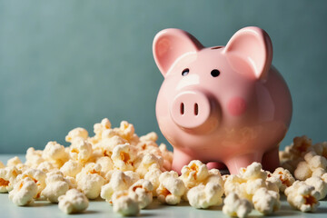 Popcorn and piggy bank: save money on entertainment concept.
