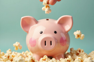 Popcorn and piggy bank: save money on entertainment concept.