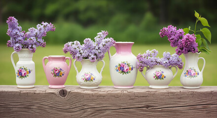 vintage porcelain vases with lilac flowers outdoors

