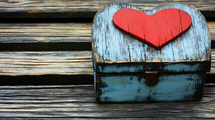A rustic wooden heart-shaped box sits on a weathered wooden surface.
