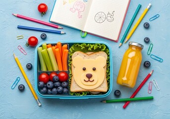 Fun School Lunchbox For Kids With A Bear-Shaped Sandwich, Vegetable Sticks, Blueberries, And Juice On A Blue Background With Pencils, Back To School, Healthy Eating