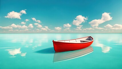 Naklejka premium Solitary red rowboat floats on calm turquoise water under blue sky