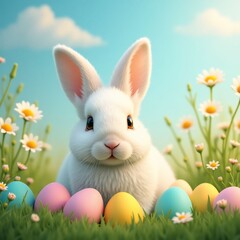 Rabbit surrounded by colorful Easter eggs in a spring meadow