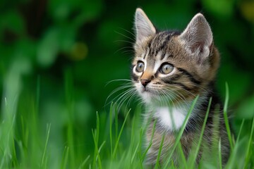 Playful Kitten in Lush Greenery: A Close-Up of Adorable Feline Exploration and Curiosity in Nature's Springtime Microcosm