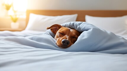Sleepy dog curled up in a light blue blanket on a bed.