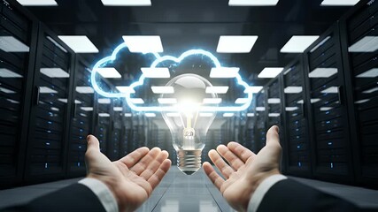 Hands Presenting a Lit Bulb in a Server Room with Cloud Computing Concept