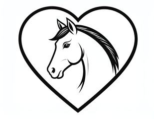 Simple black outline of horse head framed by heart symbol showcasing equestrian elegance love and minimalist pet design