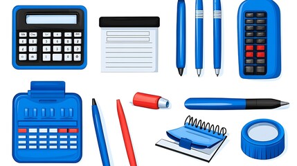 Collection of blue office supplies.
