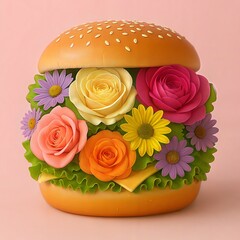 An imaginative burger filled with colorful roses and foliage