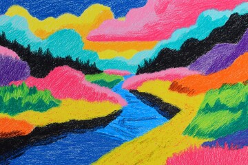 Colorful Landscape River: Vibrant Nature and Pastel Hues in an Abstract Scenery of Hills and Mountains – An Artistic Expression with Dreamy Clouds and Bright Colors in an Impressionistic Style