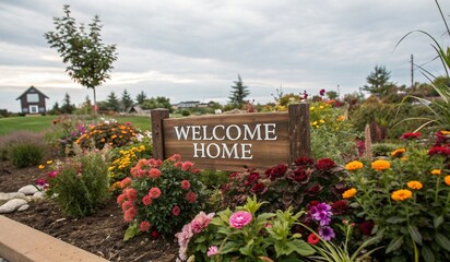 Fototapeta premium A wooden sign reading WELCOME HOME stands in a vibrant flower garden filled with colorful blooms, including dahlias and other varieties. A gravel path meanders through the garden, surrounded by lush g