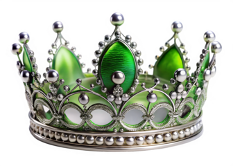 Ornate green gemstone crown with silver details on black background
