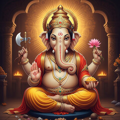 Lord Ganesha Seated in a Temple, a Divine Hindu Deity