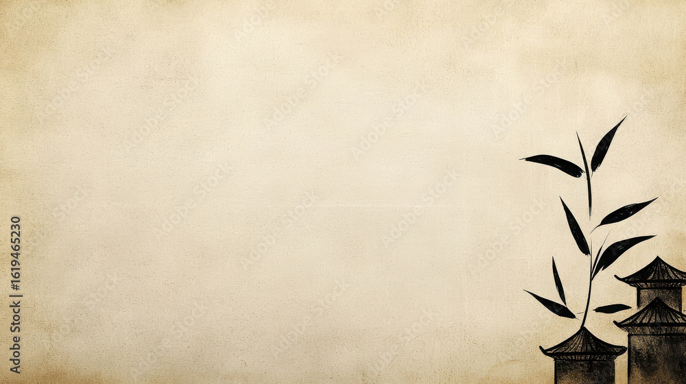 Poster Tranquil Bamboo and Traditional Architecture Illustration with Soft Textured Background for Serene Design Projects