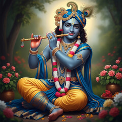 Lord Krishna Playing Flute in a Forest Garden, a Divine Hindu Deity