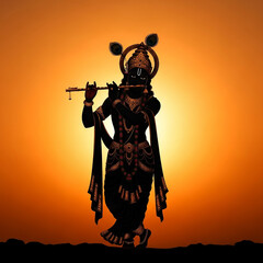 Lord Krishna Playing Flute at Sunset, a Silhouette of a Divine Hindu Deity


